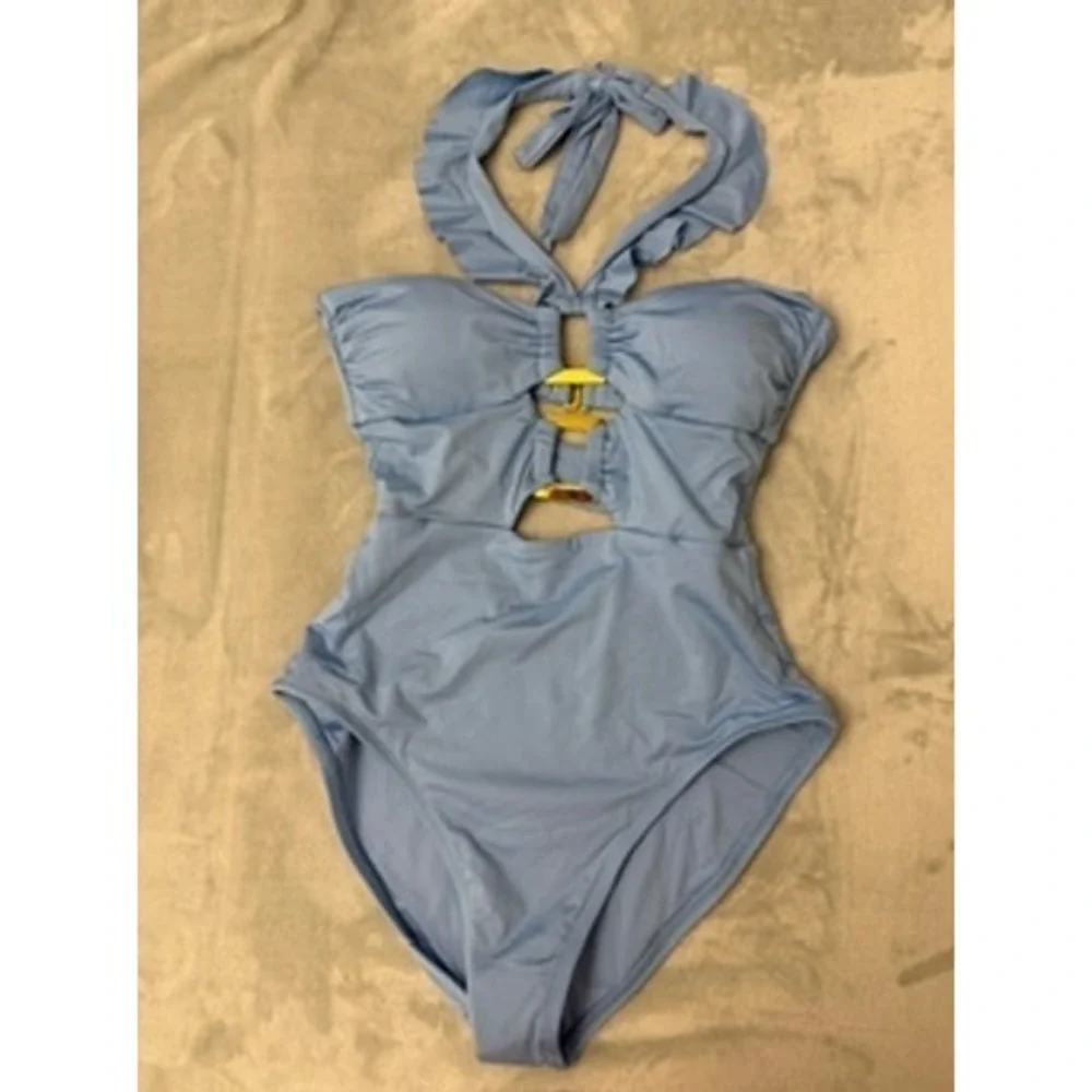 NWT Soluna One Piece Swimsuit Women Blue Ruffle Cutout Gold Hardware $98 Medium